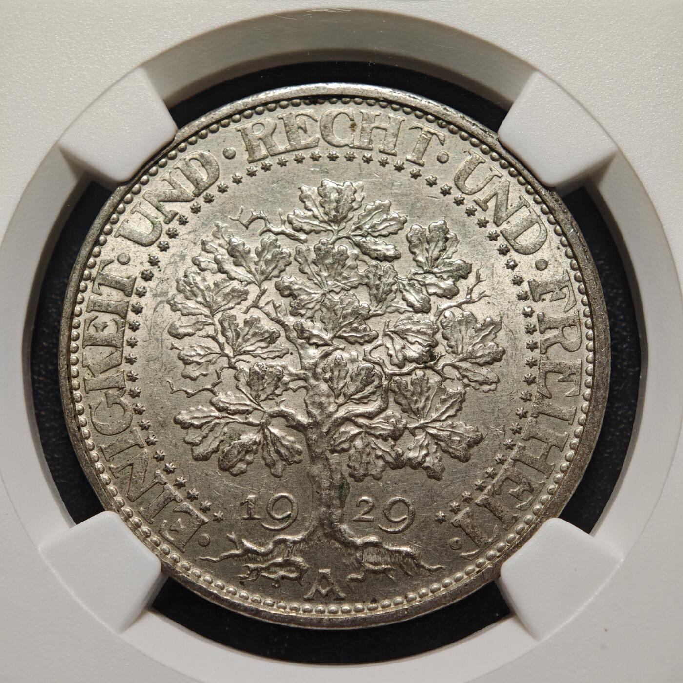 【德藏】世界币章拍卖第158期（拍品征集中~欢迎藏友联系） 1929年 德国魏玛橡树5马克大银币 NGC MS64 状态极佳