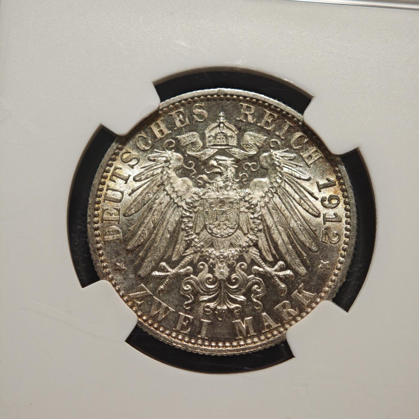 【德藏】世界币章拍卖第158期（拍品征集中~欢迎藏友联系） 1912年 德国符腾堡威廉二世2马克银币 NGC MS65 原光十足 转光极强