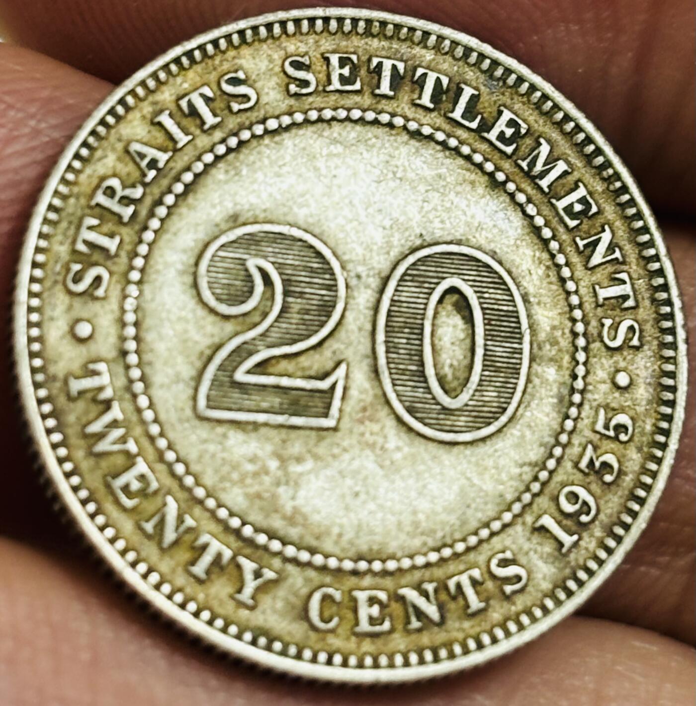 文馨钱币收藏第 286 场，圣诞节专场【 长期接收代拍品低至 0 佣金】 好品 1935 年英属海峡殖民地乔治五世 20 分银币，第三版关门年 600 银