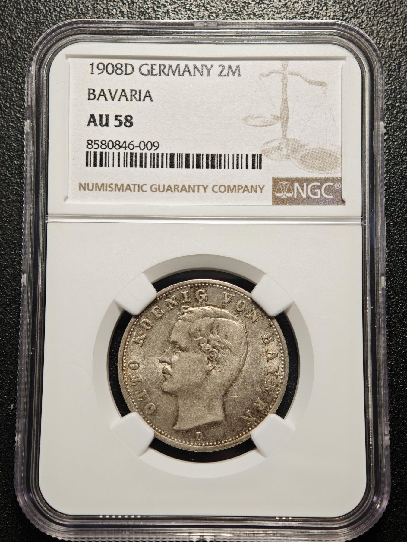 【德藏】世界币章拍卖第158期（拍品征集中~欢迎藏友联系） 1908年 德国巴伐利亚奥托2马克银币 NGC AU58 淡彩包浆 状态极佳
