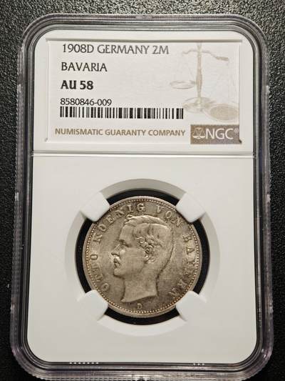 【德藏】世界币章拍卖第158期（拍品征集中~欢迎藏友联系） - 1908年 德国巴伐利亚奥托2马克银币 NGC AU58 淡彩包浆 状态极佳