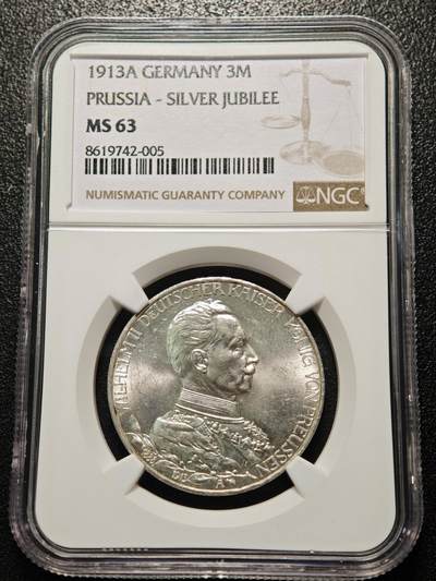 【德藏】世界币章拍卖第158期（拍品征集中~欢迎藏友联系） - 1913年 德国普鲁士威廉二世军装3马克银币 NGC MS63 原光十足 转光极强