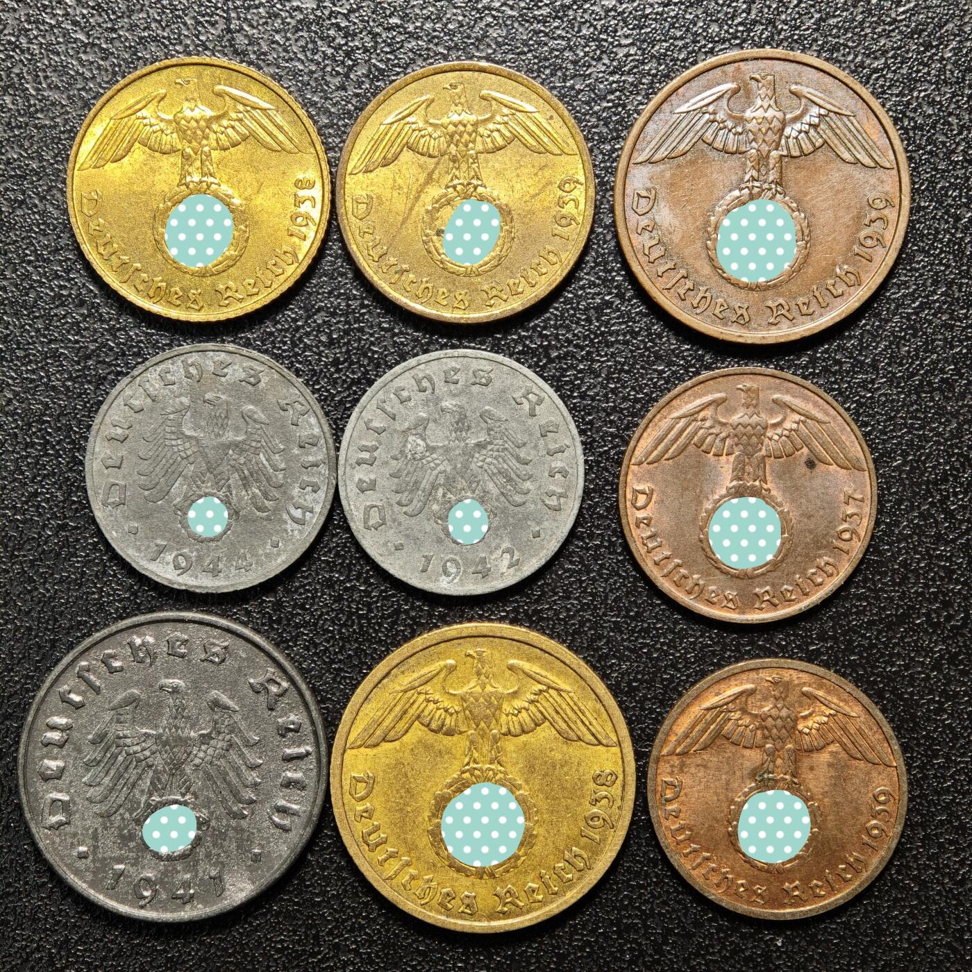 【德藏】世界币章拍卖第158期（拍品征集中~欢迎藏友联系） 9枚一组 德国民族社会主义工人党1、2、5、10芬尼铜币镍币（原图请联系客服）