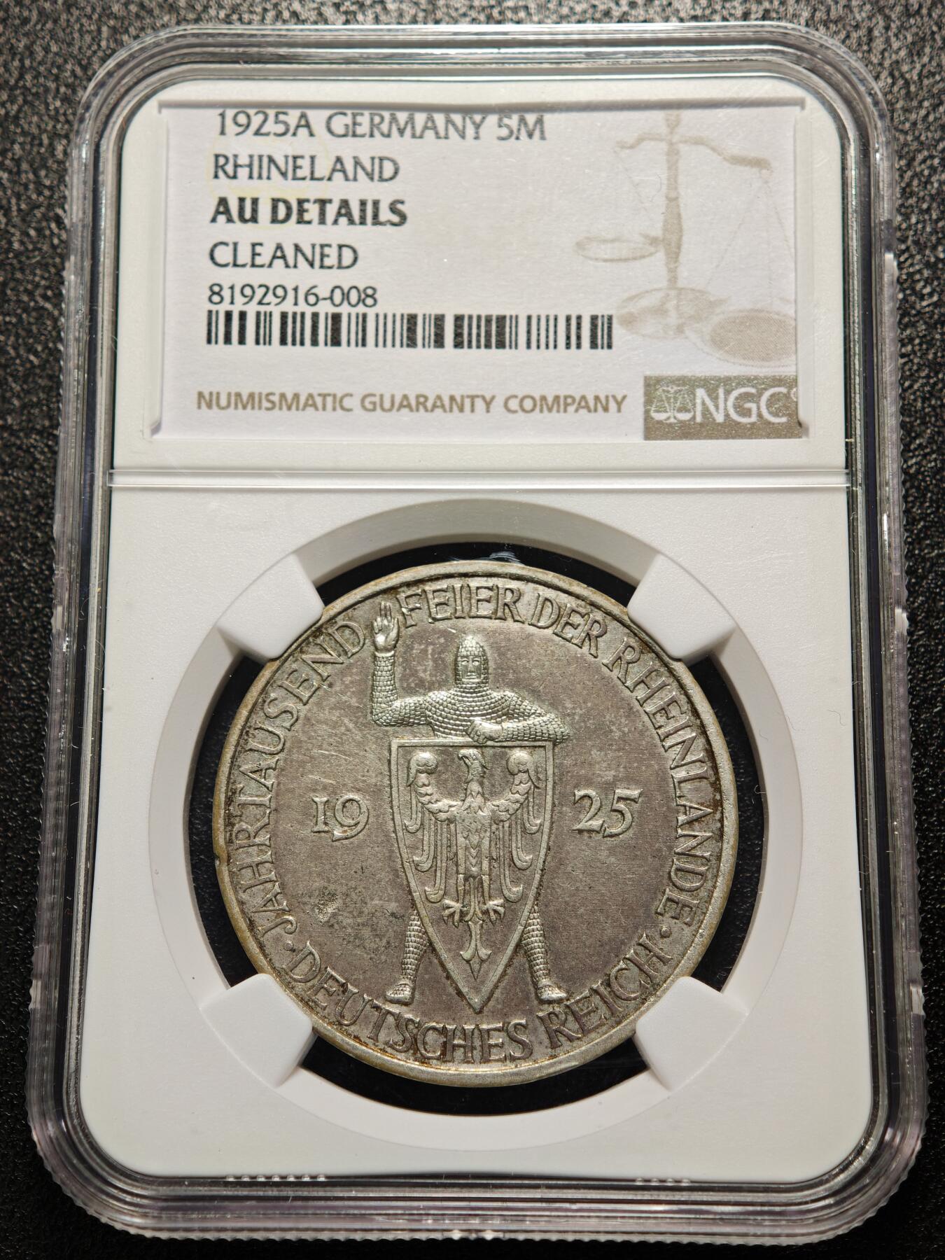 【德藏】世界币章拍卖第158期（拍品征集中~欢迎藏友联系） 1925年 德国莱茵千年5马克大银币 NGC AU 经典品种