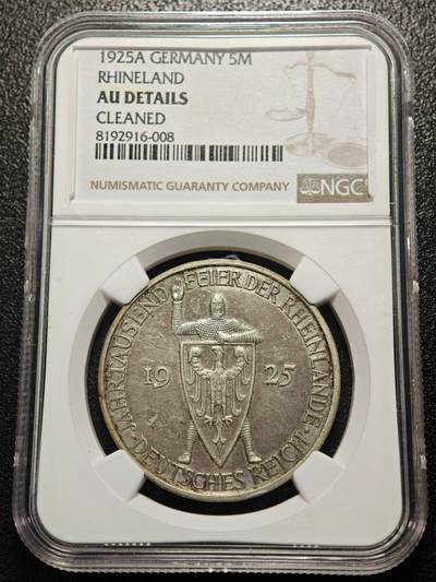 【德藏】世界币章拍卖第158期（拍品征集中~欢迎藏友联系） - 1925年 德国莱茵千年5马克大银币 NGC AU 经典品种