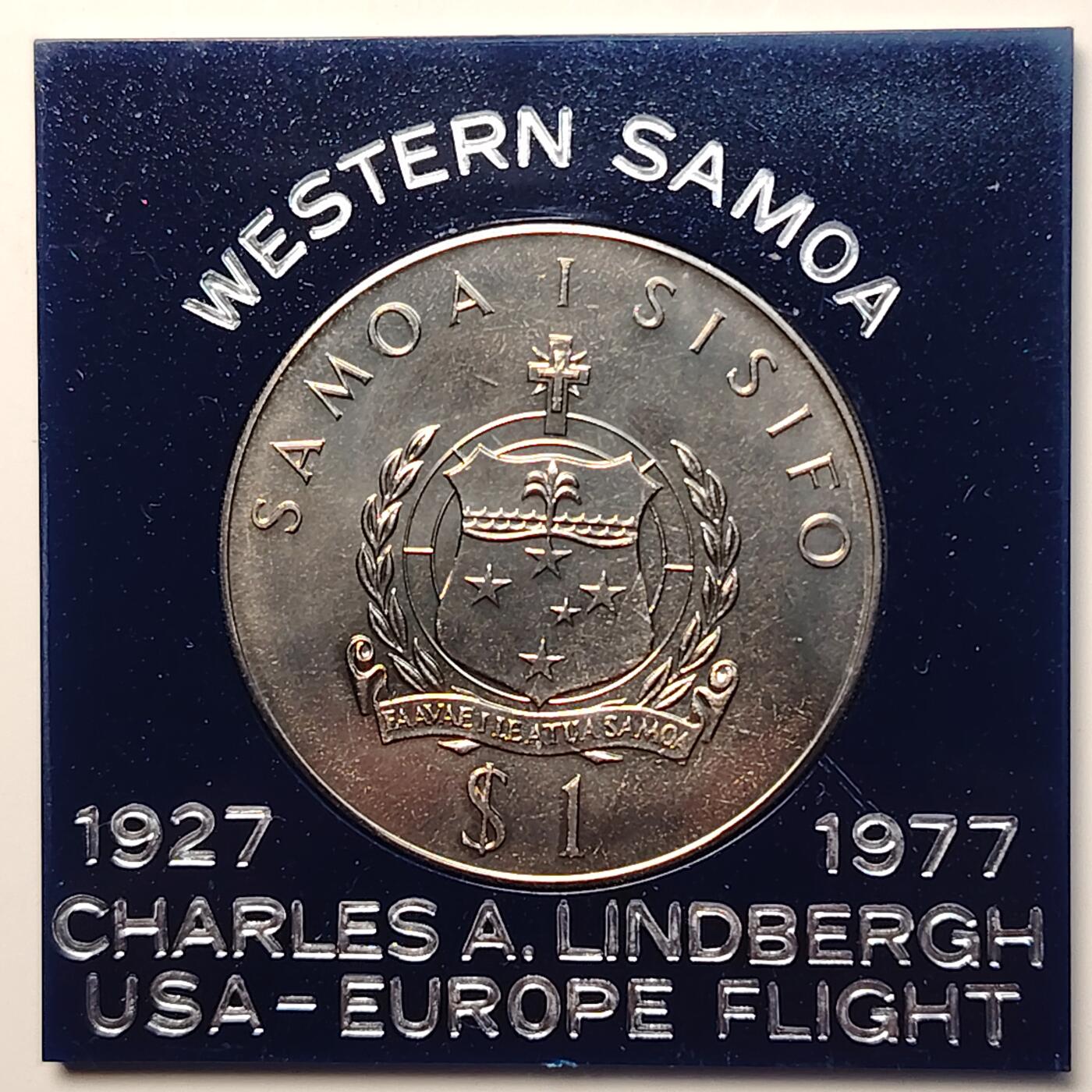 布加迪🐬～世界钱币(上海)🌾第 267 期 /  各国套币和散币 西萨摩亚 1977年 1元 横跨大西洋飞行员纪念币38mm