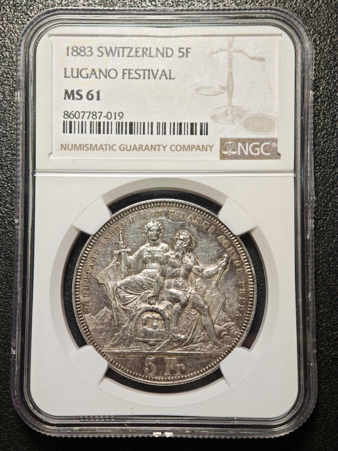 【德藏】世界币章拍卖第158期（拍品征集中~欢迎藏友联系） 1863年 瑞士提契诺州卢加诺联邦射击节5法郎纪念银币 NGC MS61 经典品种  状态极佳 原光十足 原味包浆