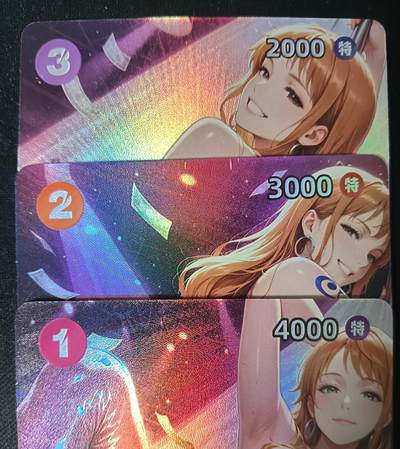 花开卡拍第53期（12月28号周日截拍，品控勿拍!!!拍品不寄存，运费5元，自制卡难免瑕疵，可能存在轻微撞角爆边等出厂瑕疵，品控介意勿拍！） - 皇帝新衣 娜美钢管舞 清凉小套3张 折光彩闪