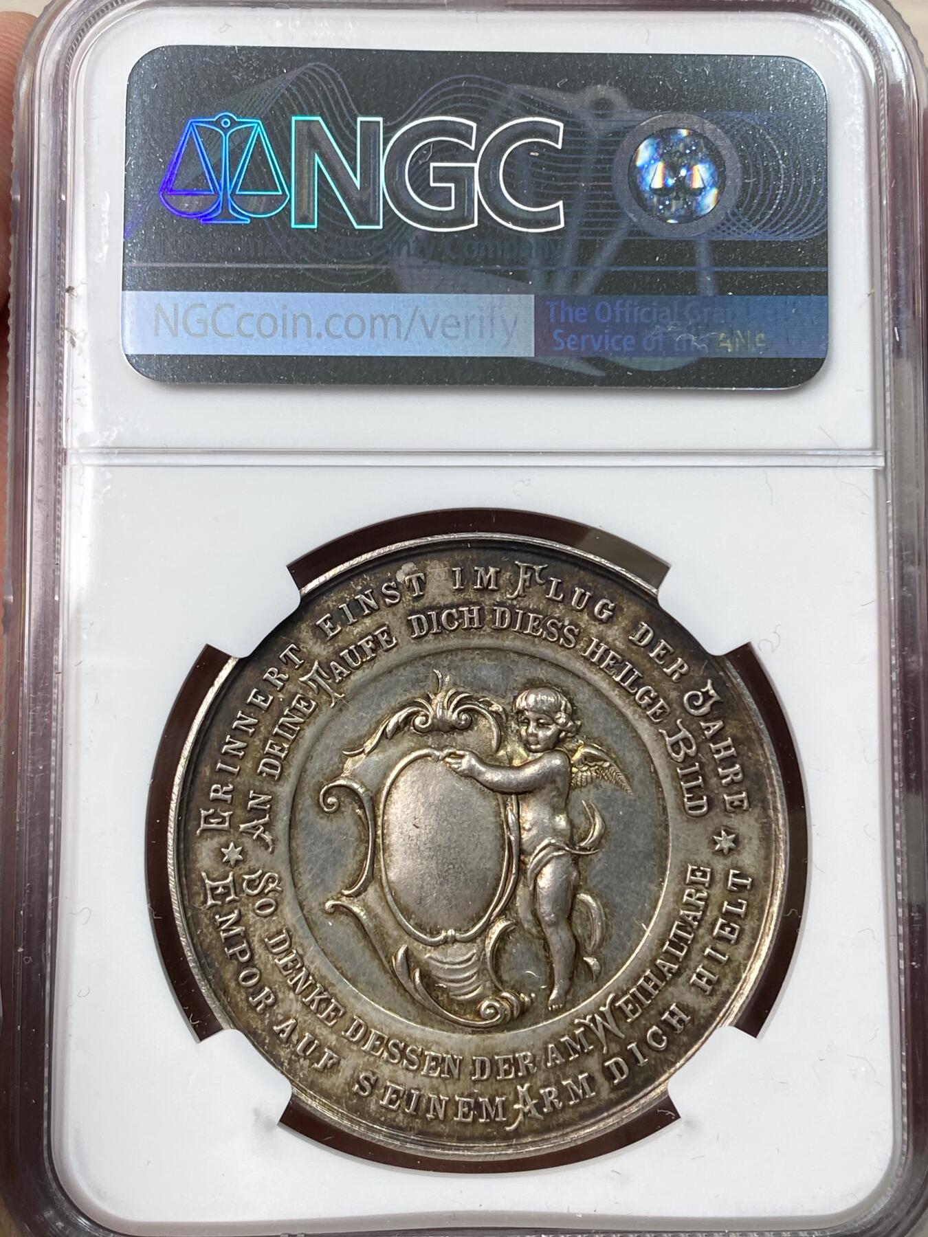 万国钱币拍卖第058期（万国新年大拍） NGC MS63 19世纪奥地利洗礼纪念大银章 正面为约翰为耶稣在约旦河施洗 背面小天使手持盾徽未签名未使用款原味极其精美