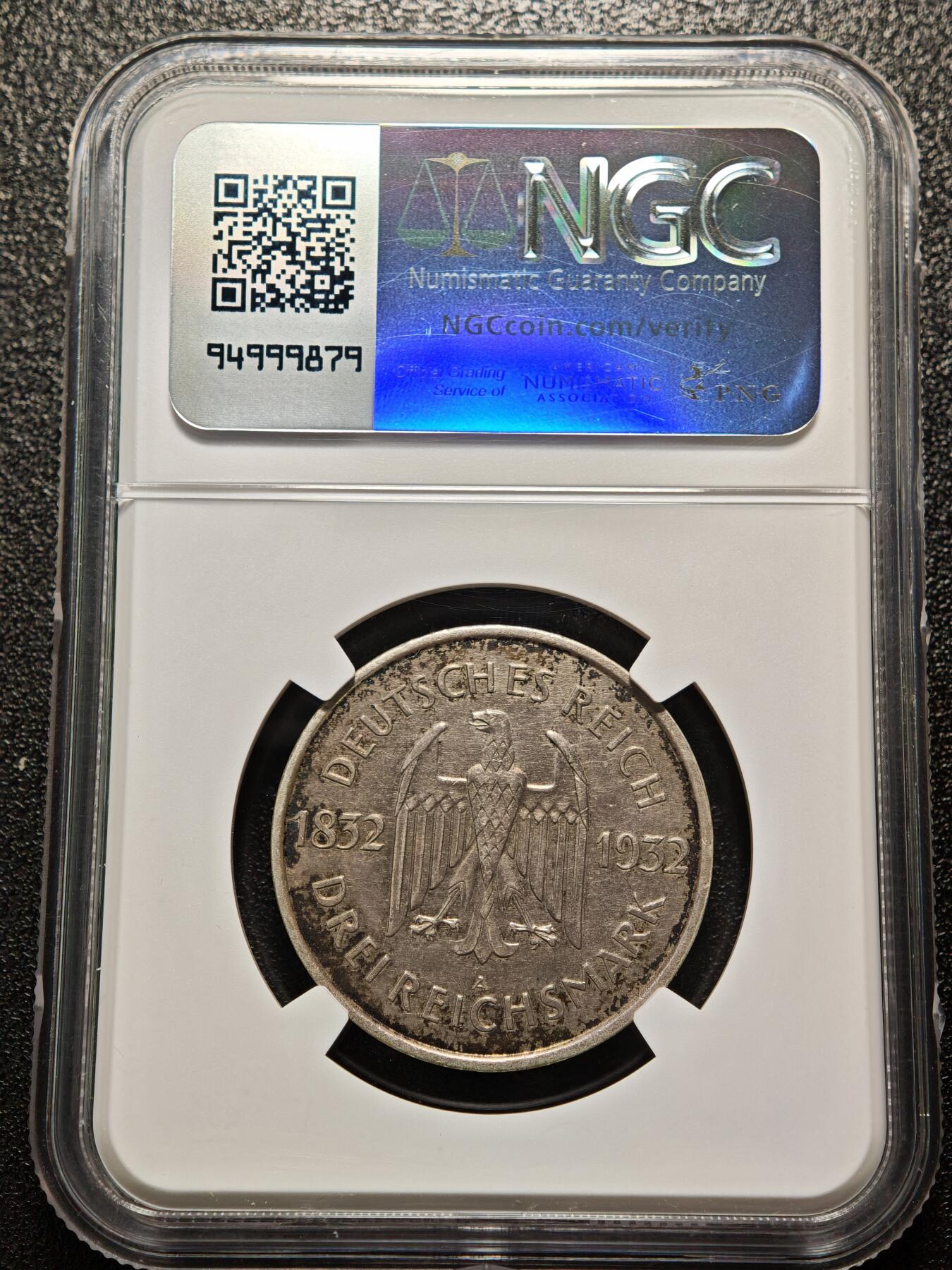【德藏】世界币章拍卖第158期（拍品征集中~欢迎藏友联系） 1932年 德国魏玛歌德逝世百年纪念3马克纪念银币 NGC AU 细节完整
