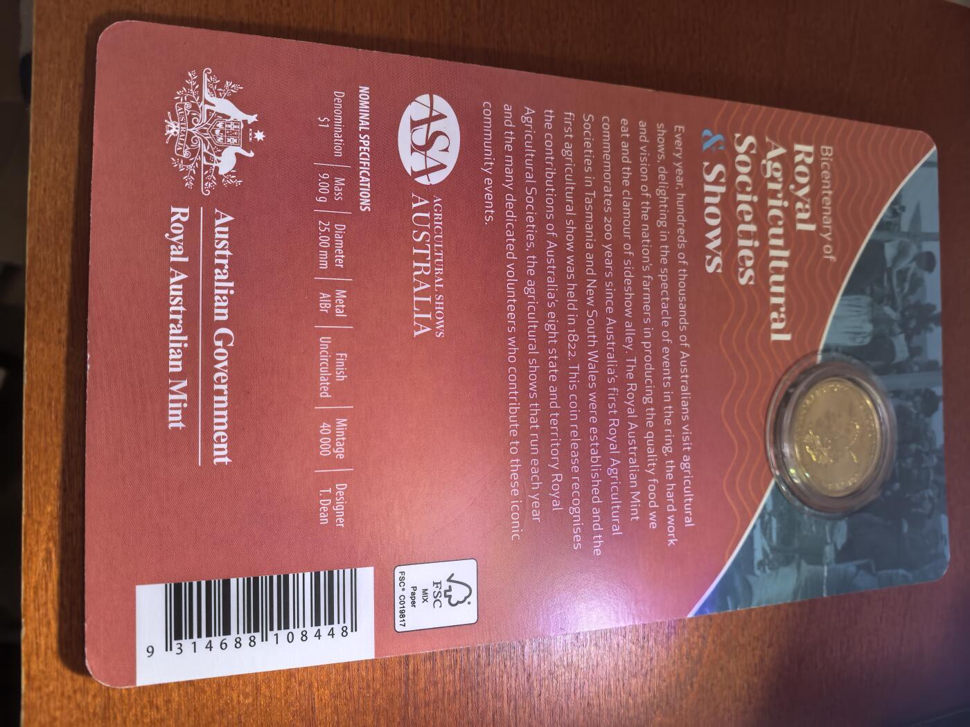 长老汇蛇年精选第八十五场拍卖 2022澳大利亚皇家农业协会展200周年1澳元彩色金属币，卡装