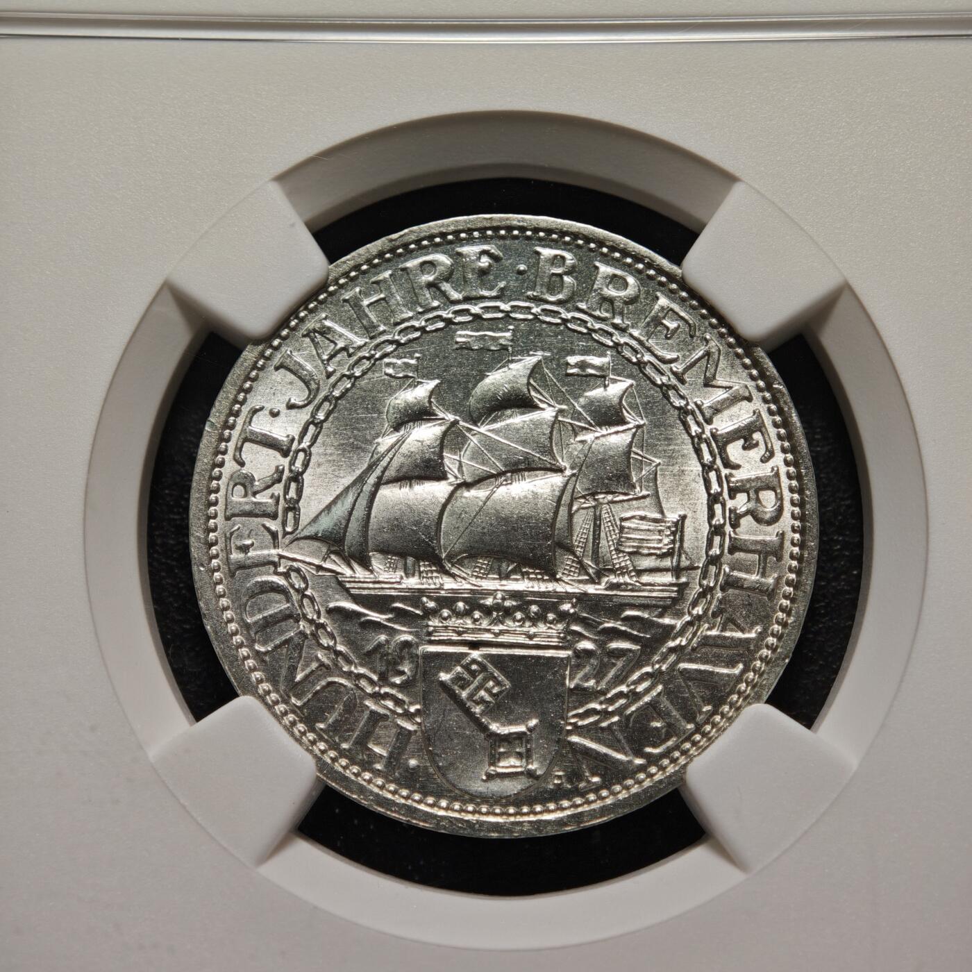 【德藏】世界币章拍卖第158期（拍品征集中~欢迎藏友联系） 1927年 德国魏玛不来梅港建港300周年纪念3马克银币 NGC MS63 原光十足 状态极佳