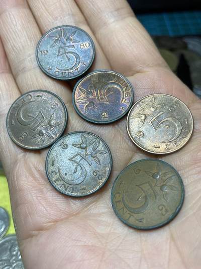 2025年第一百三十九场(总第一百六十五场）外国好品散币场(免佣金) - 荷兰🇳🇱5分6枚：1963年66年75年80年(朱丽安娜女王时期，鱼标、鸡标、鸡加星星标三种版本)