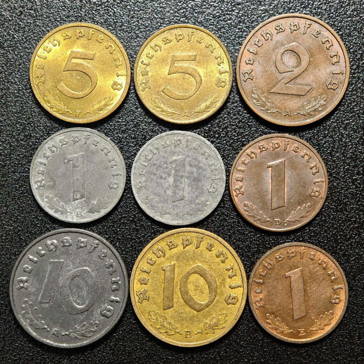 【德藏】世界币章拍卖第158期（拍品征集中~欢迎藏友联系） 9枚一组 德国民族社会主义工人党1、2、5、10芬尼铜币镍币（原图请联系客服）