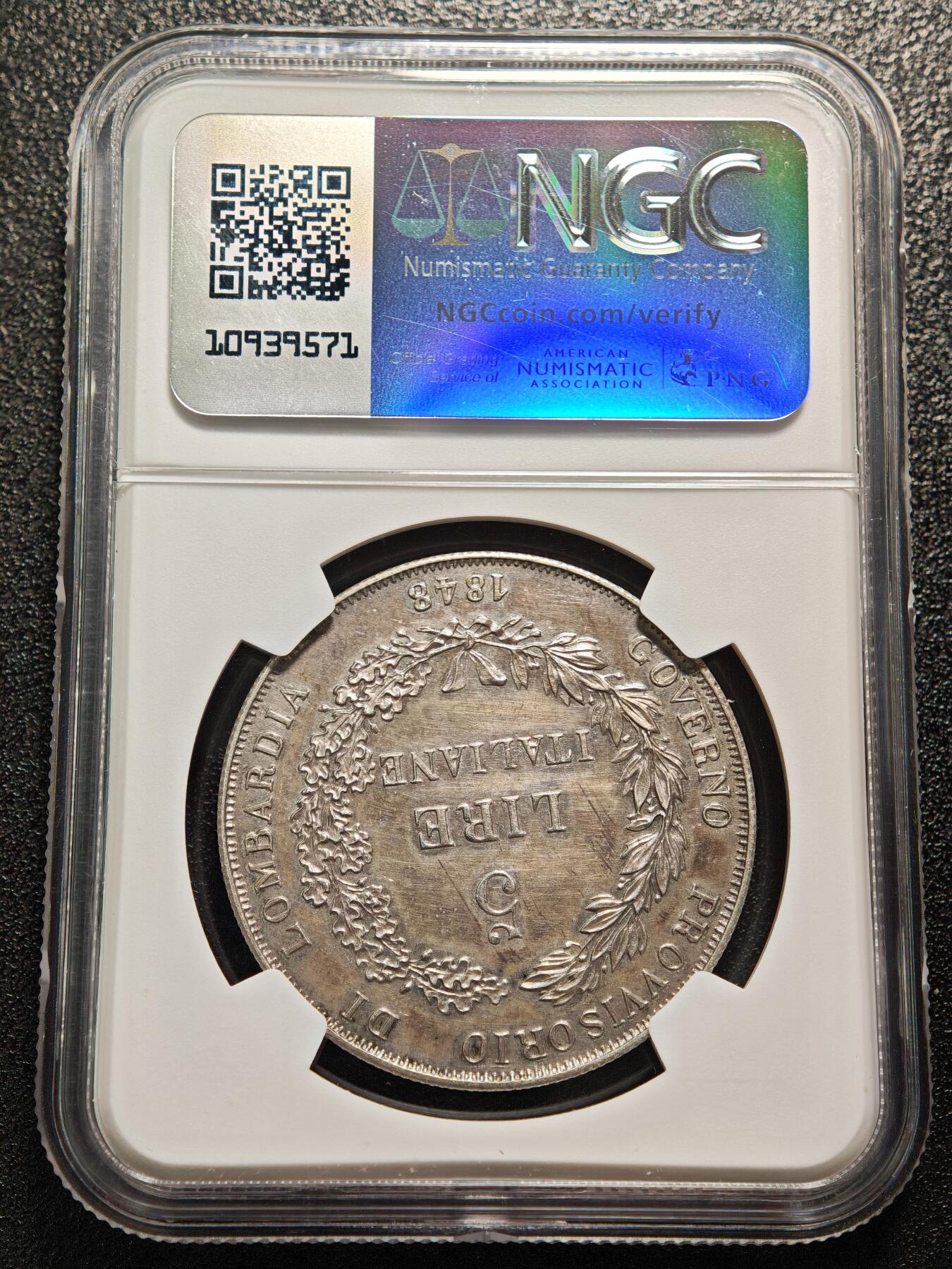 【德藏】世界币章拍卖第158期（拍品征集中~欢迎藏友联系） 1848年 意大利伦巴第临时政府5里拉大银币 NGC UNC 细节完整