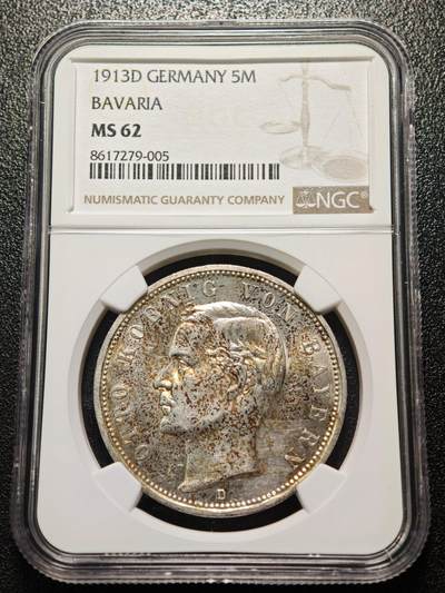 【德藏】世界币章拍卖第158期 - 1913年 德国巴伐利亚奥托5马克大银币 NGC MS62 原光十足 黄油包浆