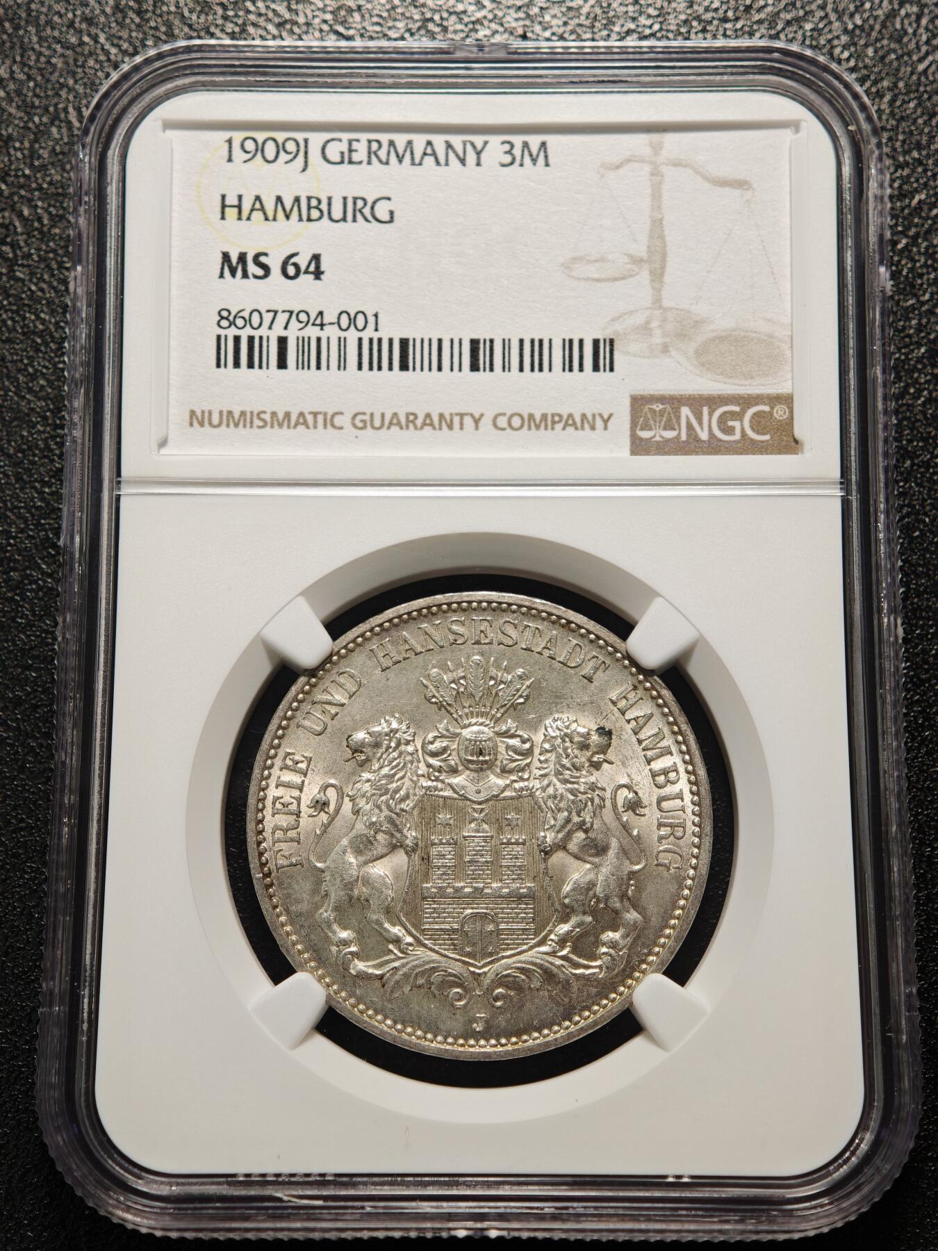 【德藏】世界币章拍卖第158期（拍品征集中~欢迎藏友联系） 1909年 德国汉堡3马克银币 NGC MS64 转光十足 品相极佳