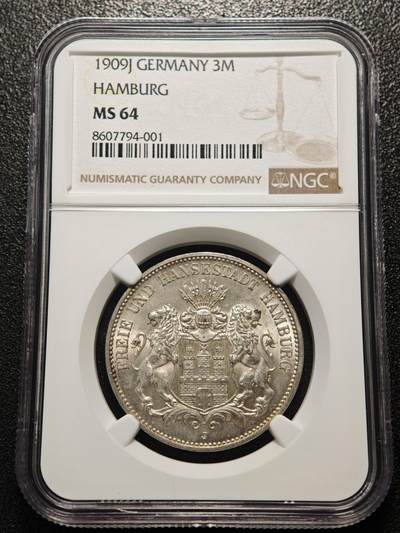 【德藏】世界币章拍卖第158期 - 1909年 德国汉堡3马克银币 NGC MS64 转光十足 品相极佳