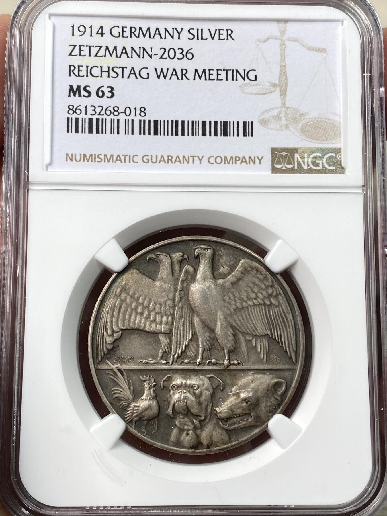 万国钱币拍卖第058期（万国新年大拍） NGC MS63 1914年德国一战开战纪念银章 正面同盟国德意志、奥匈帝国和奥斯曼帝国 形象化双鹰为德奥 鸡狗熊为法英俄 MATTE磨砂工艺名誉品种