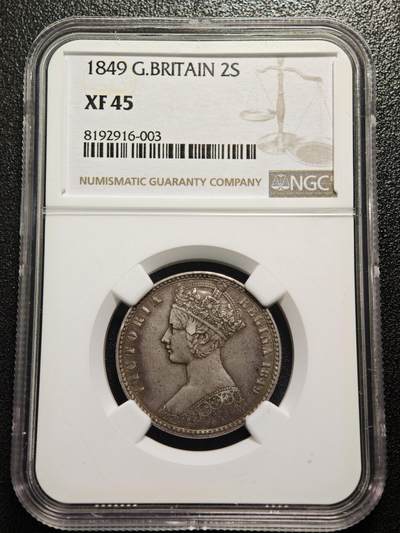 【德藏】世界币章拍卖第158期（拍品征集中~欢迎藏友联系） - 1849年 英国维多利亚女王哥特体弗洛林2先令银币 NGC XF45 原味包浆