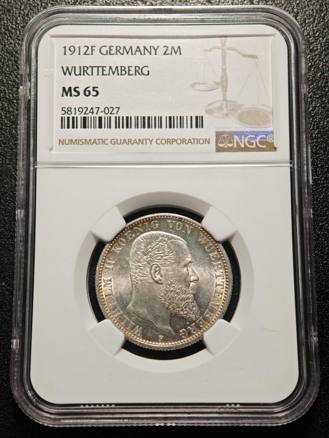 【德藏】世界币章拍卖第158期（拍品征集中~欢迎藏友联系） 1912年 德国符腾堡威廉二世2马克银币 NGC MS65 原光十足 转光极强