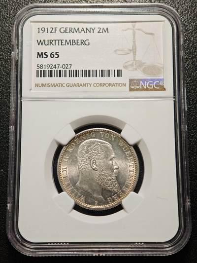 【德藏】世界币章拍卖第158期（拍品征集中~欢迎藏友联系） - 1912年 德国符腾堡威廉二世2马克银币 NGC MS65 原光十足 转光极强