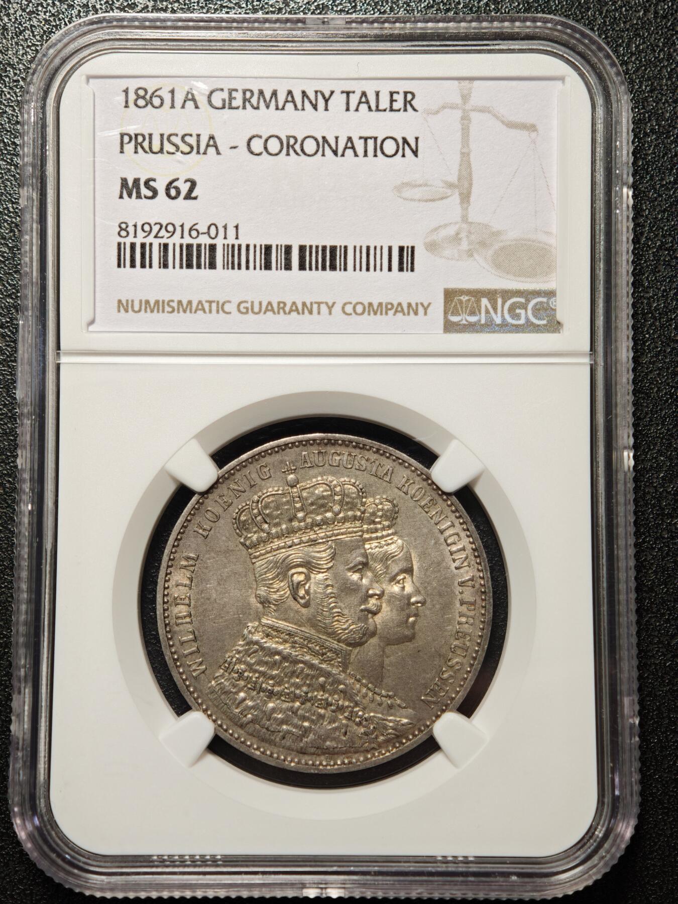 【德藏】世界币章拍卖第158期（拍品征集中~欢迎藏友联系） 1861年 德国普鲁士威廉一世登基泰勒银币 毛衣泰勒 NGC MS62 老彩包浆 细节极强