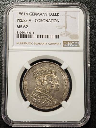 【德藏】世界币章拍卖第158期（拍品征集中~欢迎藏友联系） - 1861年 德国普鲁士威廉一世登基泰勒银币 毛衣泰勒 NGC MS62 老彩包浆 细节极强