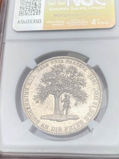 万国钱币拍卖第058期（万国新年大拍） NGC MS61 1865年德国汉诺威弗里斯兰橡树箴言泰勒 仅发行2000枚的联合泰勒大名誉品 高点状态锋利无比 类镜面喷砂质感