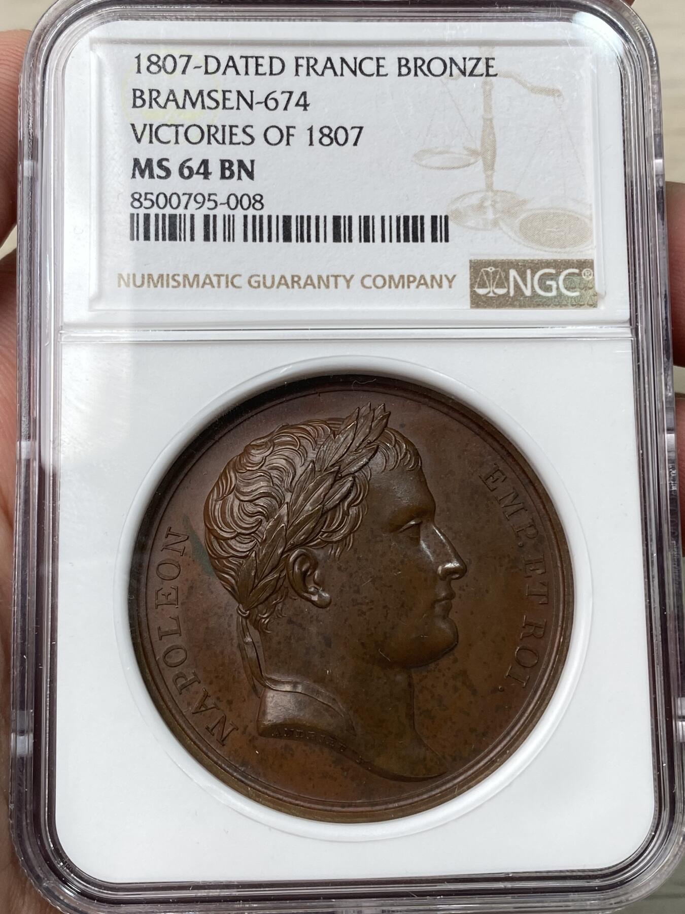 万国钱币拍卖第058期（万国新年大拍） NGC MS64 1807年法国拿破仑一世庆祝法军年度军事胜利大铜章 背面华丽的高浮雕胜利之鹰 异常雄壮威武 