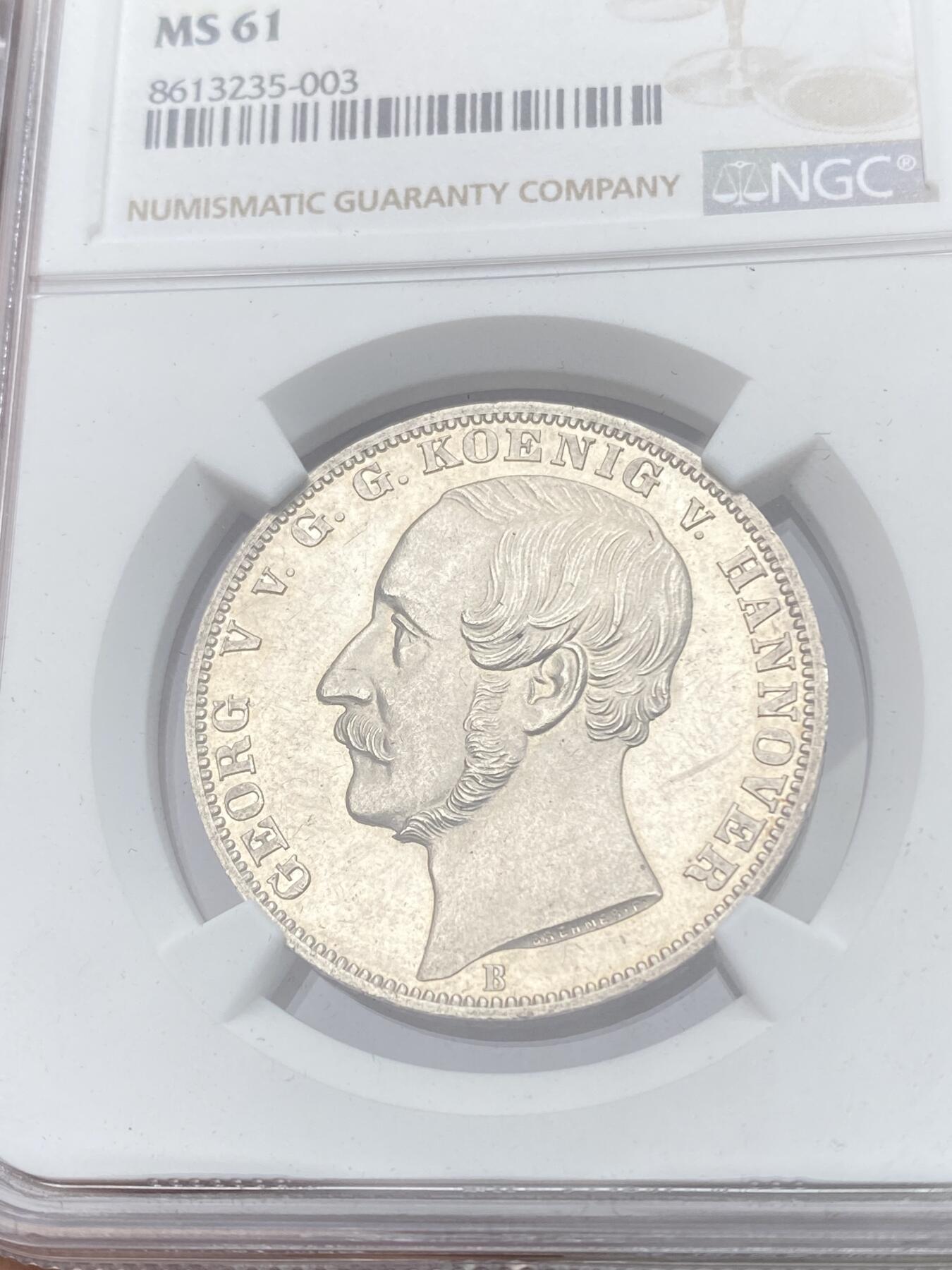 万国钱币拍卖第058期（万国新年大拍） NGC MS61 1865年德国汉诺威弗里斯兰橡树箴言泰勒 仅发行2000枚的联合泰勒大名誉品 高点状态锋利无比 类镜面喷砂质感