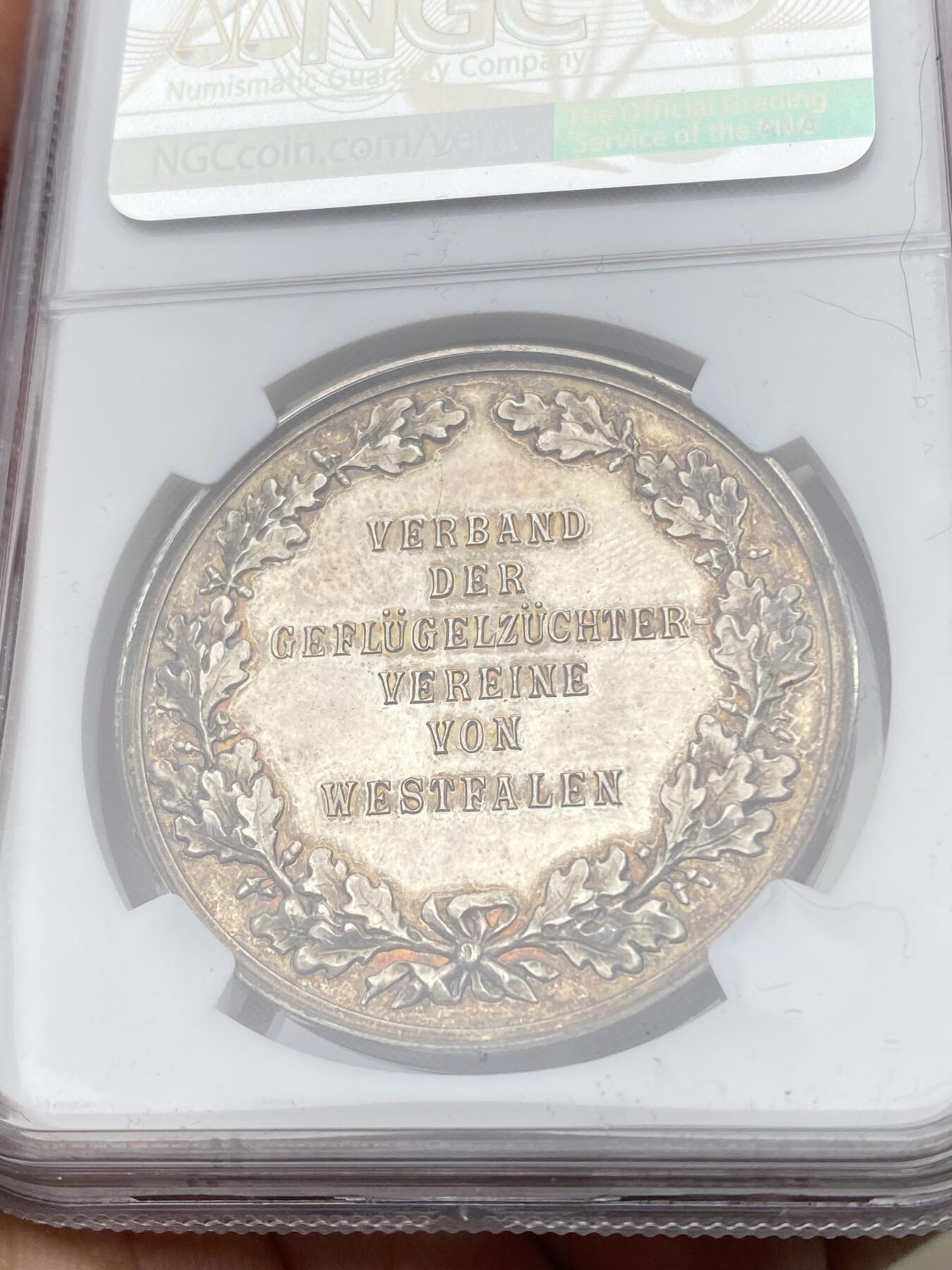 万国钱币拍卖第058期（万国新年大拍） NGC MS62 19世纪德国家禽类纪念大银章 罕见的出现了火鸡雕刻非常细腻到位 高浮雕原味环五彩包浆精美异常 