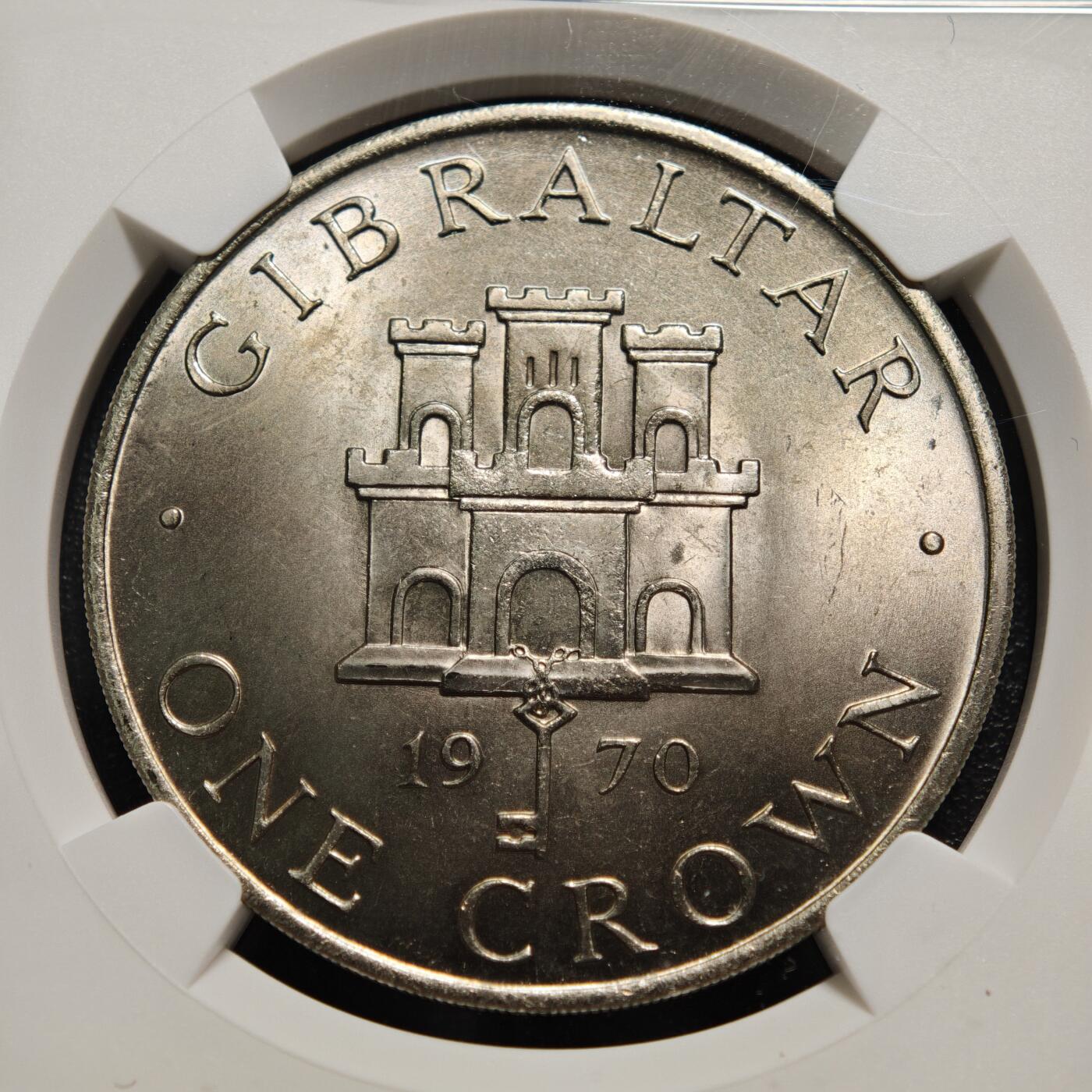 【德藏】世界币章拍卖第158期（拍品征集中~欢迎藏友联系） 1970年 直布罗陀伊丽莎白二世1克朗纪念镍币 NGC MS65 转光强