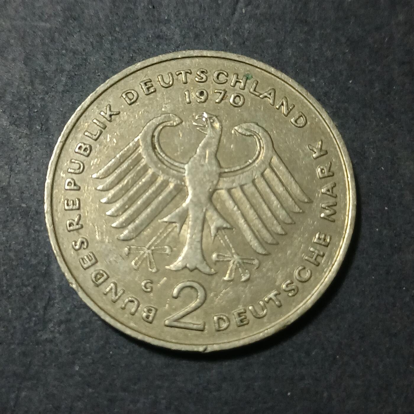 【游宝包邮场】蛇年第101期 世界各国纪念币 德国-2马克 1972年 首任总统特奥多尔·豪斯(Theodor Heuss)