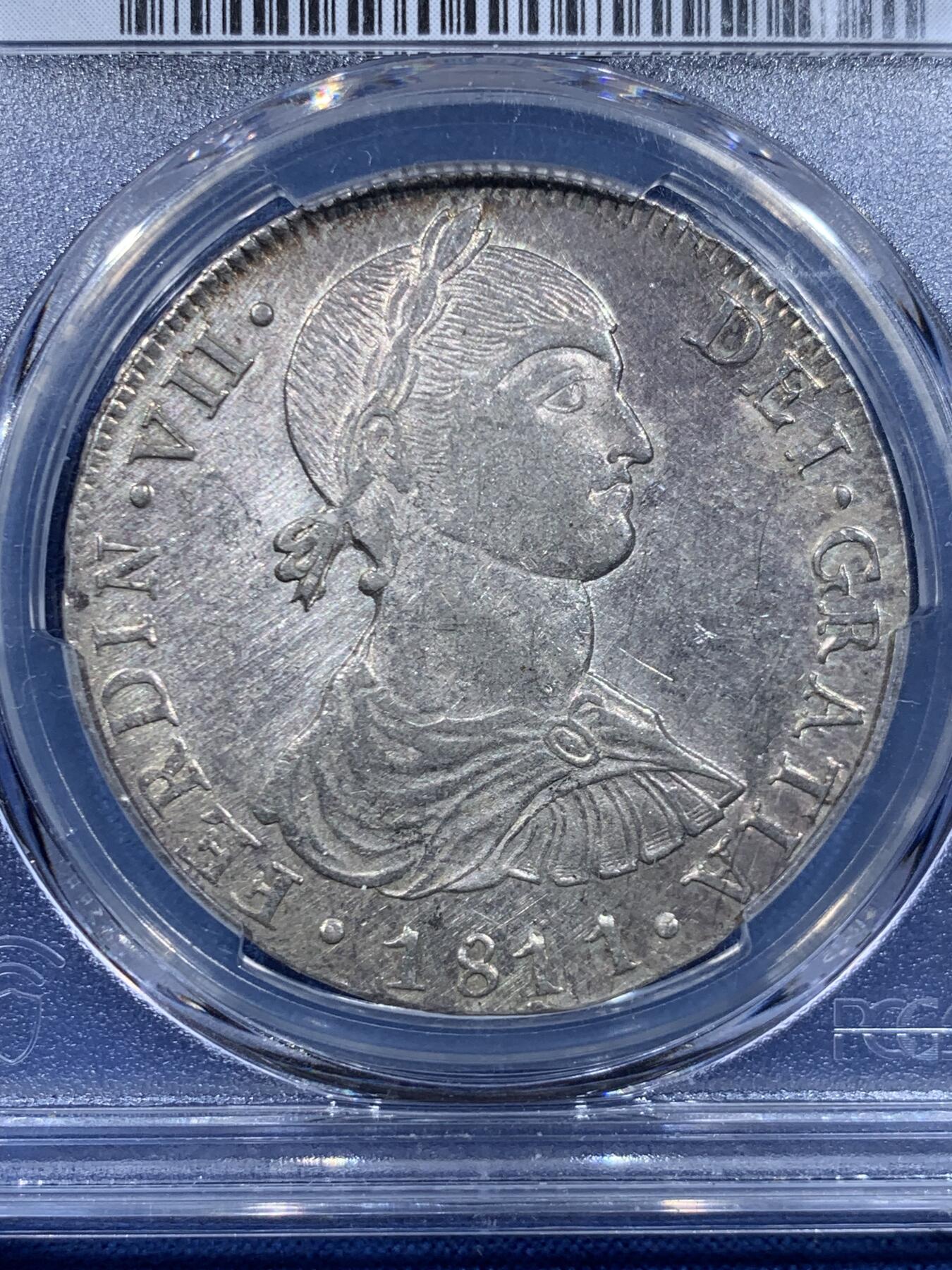 《竞宝斋》第449场 周日，周一，周二  3场连拍 （全场包邮，欢迎送拍） PCGS AUD 秘鲁 1811-L JP 费七洋葱头双柱8R银币