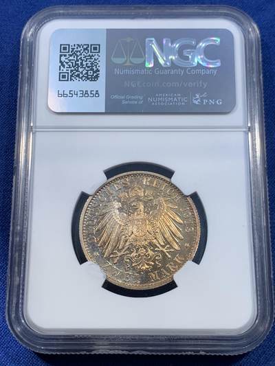 《竞宝斋》第449场 周日，周一，周二  3场连拍 （全场包邮，欢迎送拍） NGC PF65 德国普鲁士 1913年 威廉二世 精制2马克银币，包浆十分优美