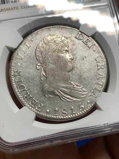 《竞宝斋》第449场 周日，周一，周二  3场连拍 （全场包邮，欢迎送拍） NGC AU55 西属墨西哥1815年斐迪南七世8里亚尔双柱银币
