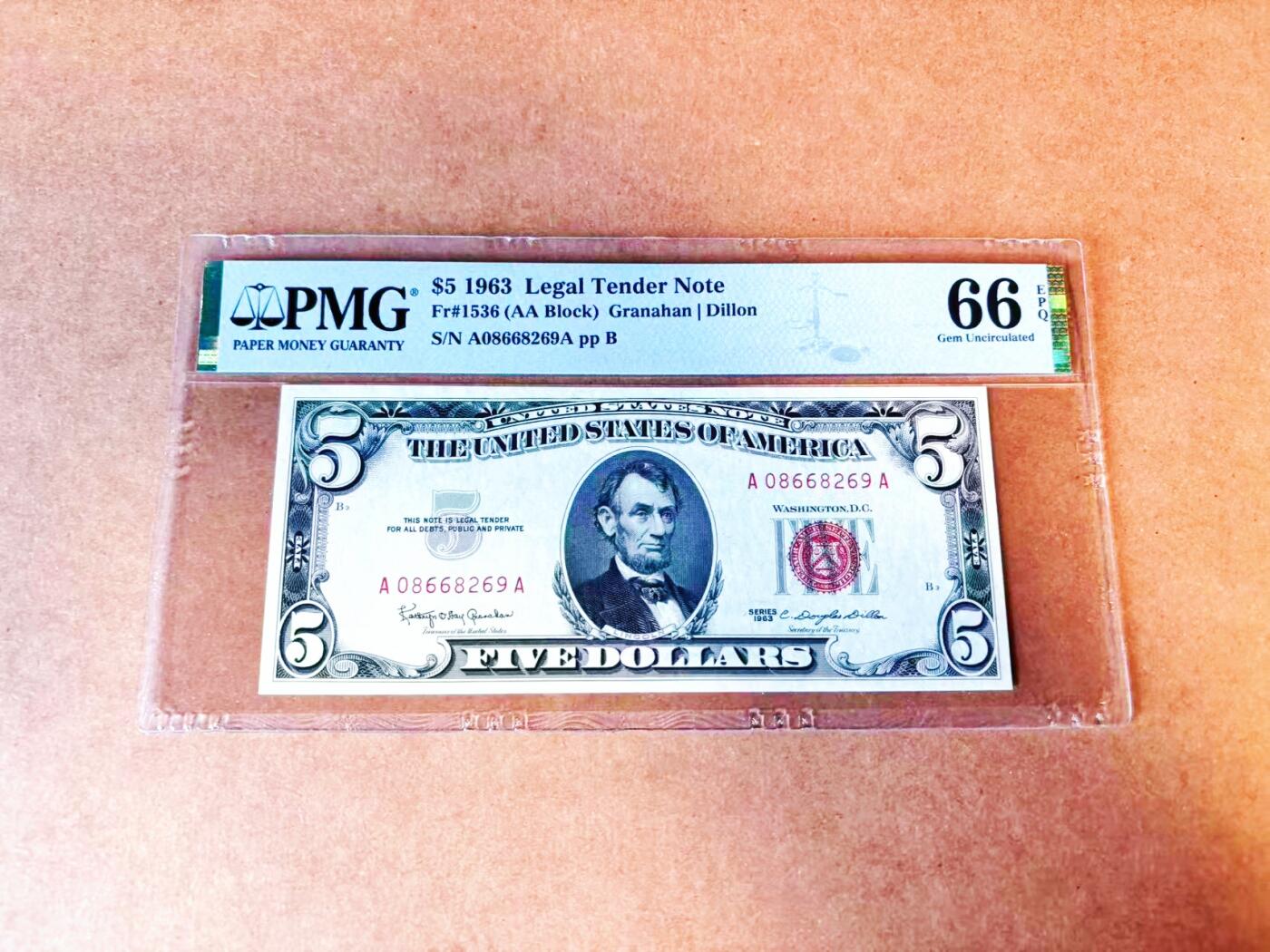 【Blue Auction】世界纸币精拍第766期——18级TOP拍卖/信誉/品质/专业/高效💫 【AA无47】美国 1963年5美金 PMG66EPQ