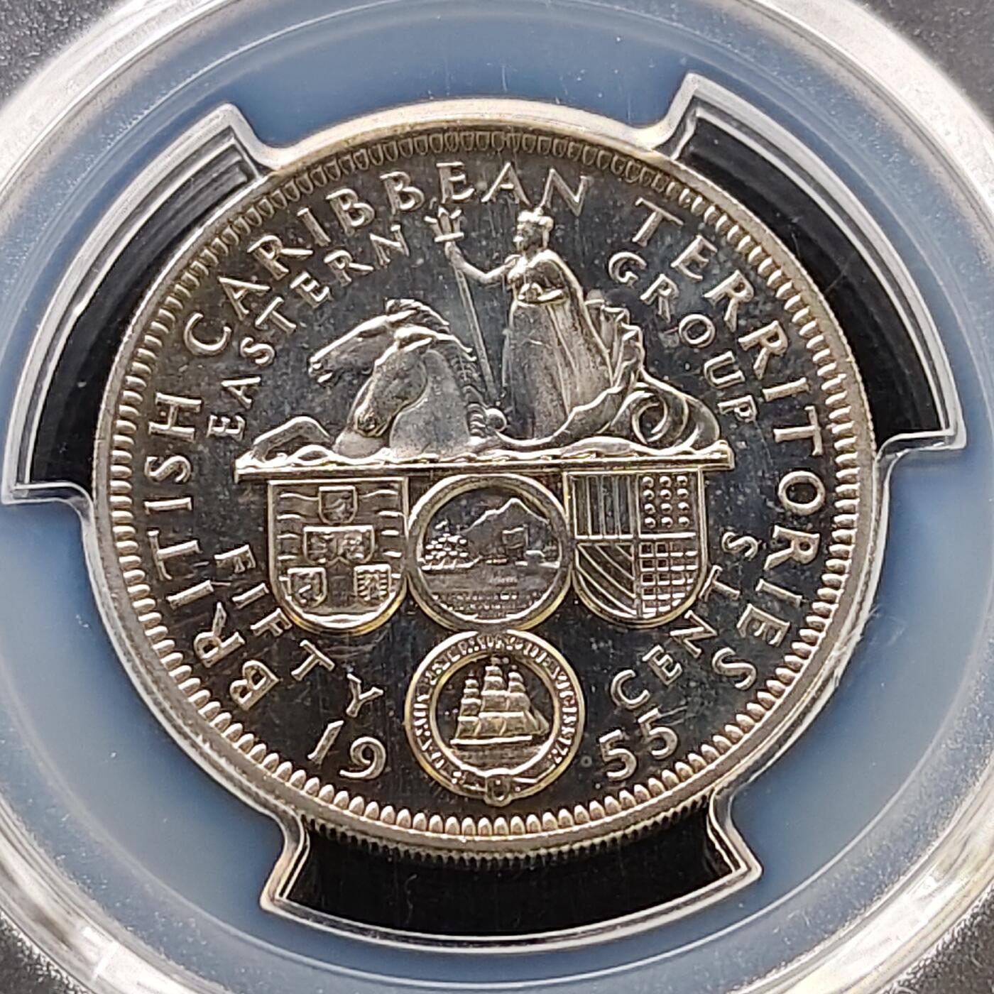 【全场包邮】纯粹捡漏拍489场（免费代拍第26场） 【收藏级·冠军分·稀少】英属加勒比领土1955年50分精制币-量2000-PCGS PR66 CAM