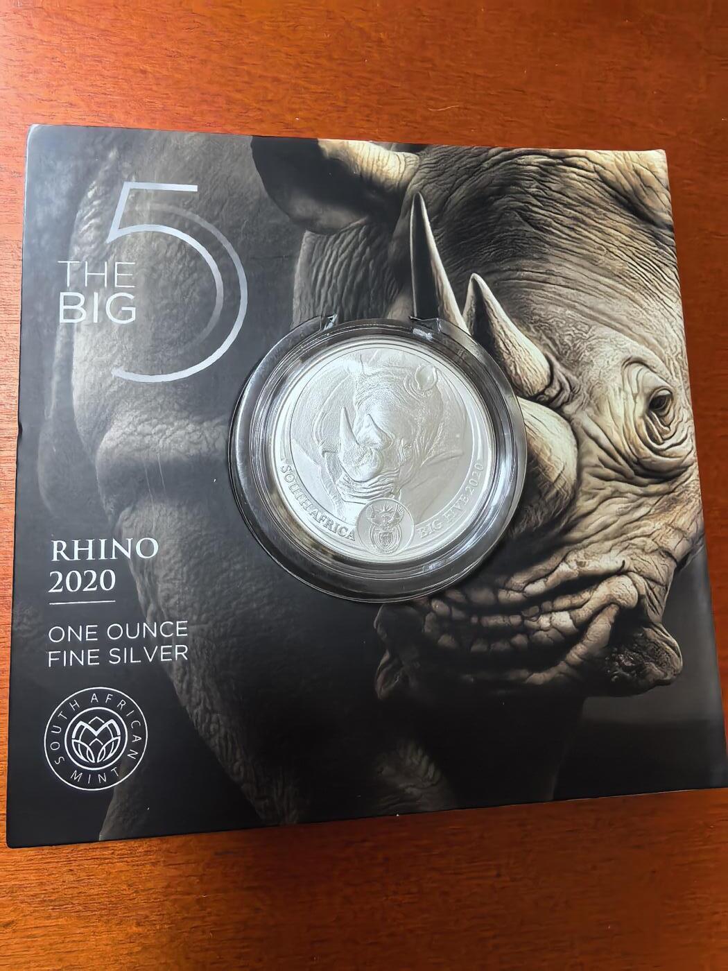 长老汇蛇年精选第八十五场拍卖  2020南非非洲五霸之一犀牛5朗德银币，卡装，1.5万枚