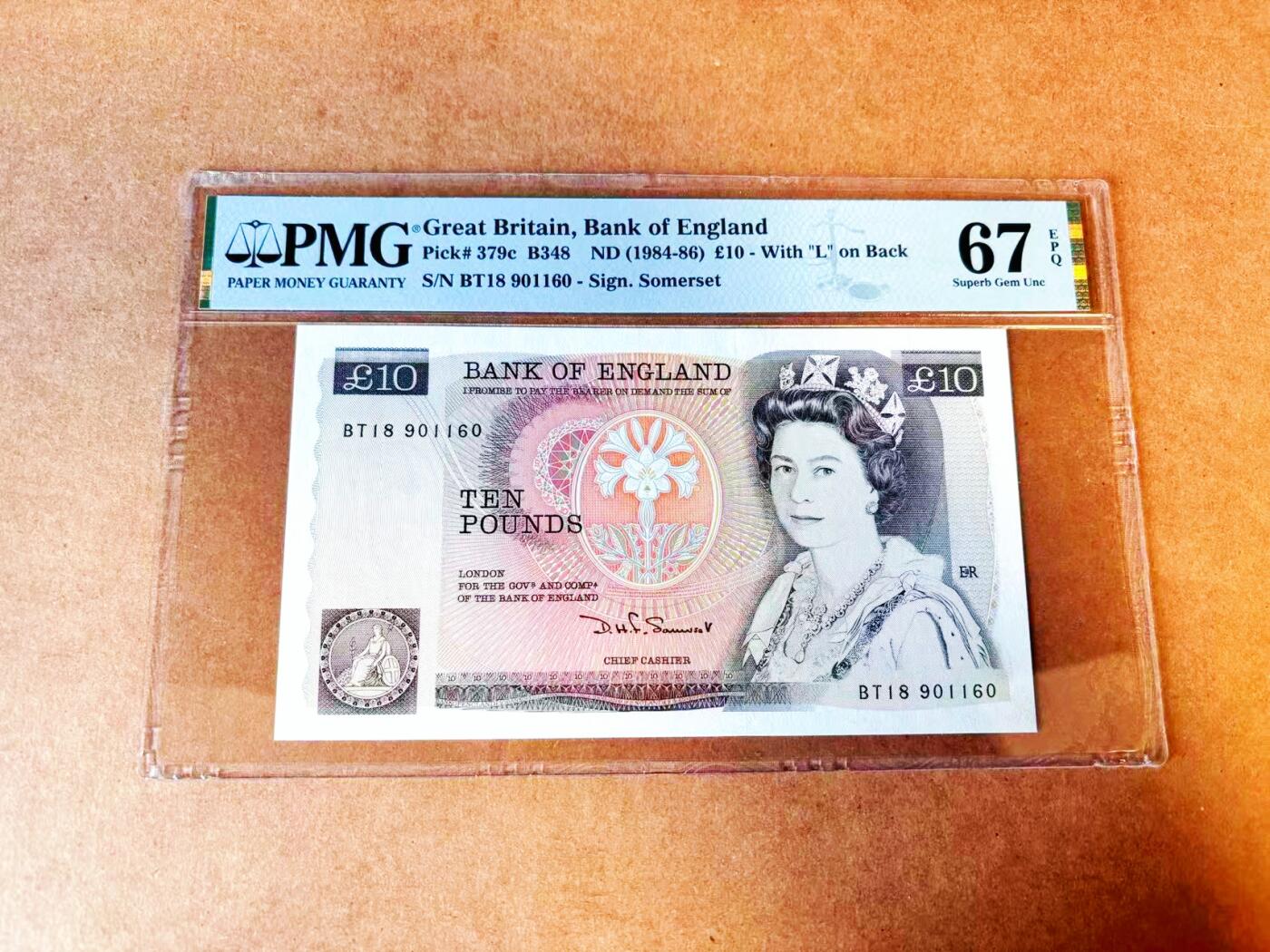 【Blue Auction】世界纸币精拍第766期——18级TOP拍卖/信誉/品质/专业/高效💫 【倒置号】英国 D序列 1984-86年10镑  PMG67EPQ 