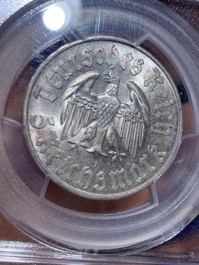 《竞宝斋》第449场 周日，周一，周二  3场连拍 （全场包邮，欢迎送拍） PCGS MS65 德国 1933年 马丁路德 5马克银币 冠军分 HA最新成交价504美元