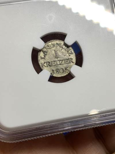 《竞宝斋》第449场 周日，周一，周二  3场连拍 （全场包邮，欢迎送拍） NGC MS63 德国 1805年 黑塞达姆斯特伯爵领1K银币，冠军分，非常稀有！60分的评估价都要140美元。