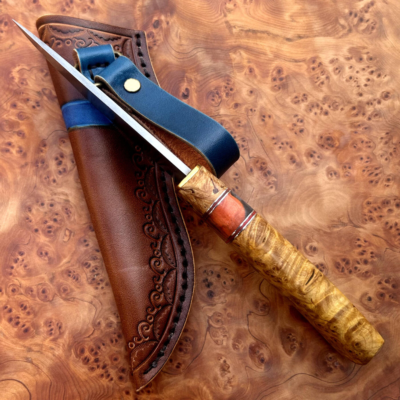 无芯大马士革钢小直,大玫瑰花纹,崖柏木手柄