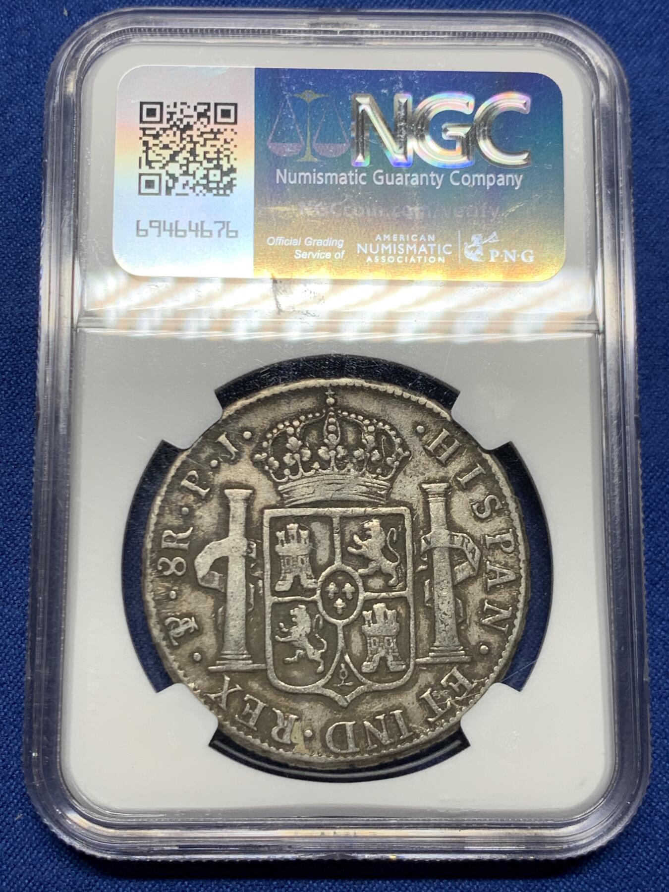 《竞宝斋》第449场 周日，周一，周二  3场连拍 （全场包邮，欢迎送拍） NGC VF35 西属玻利维亚1819年费七8R双柱银币 双面细节到位