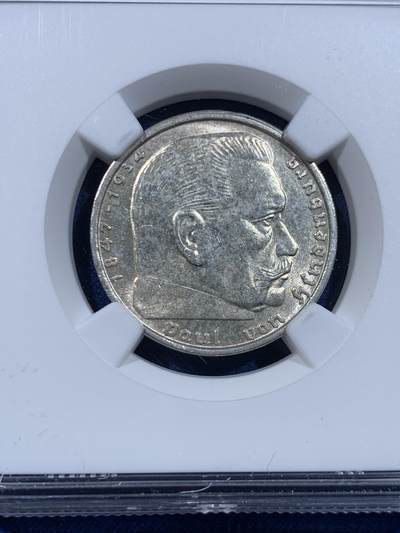 《竞宝斋》第449场 周日，周一，周二  3场连拍 （全场包邮，欢迎送拍） NGC MS62 德国1938B兴登堡2马克银币，原光好品