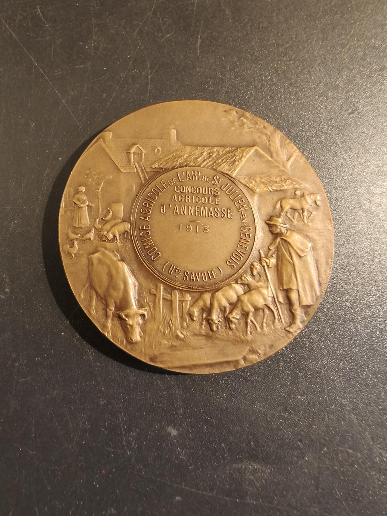 老王徽章第171期 法国萨瓦省圣朱利安昂热讷农业协会大铜章     原盒       大师P.Grandhomme作品     直径50mm     重量57g