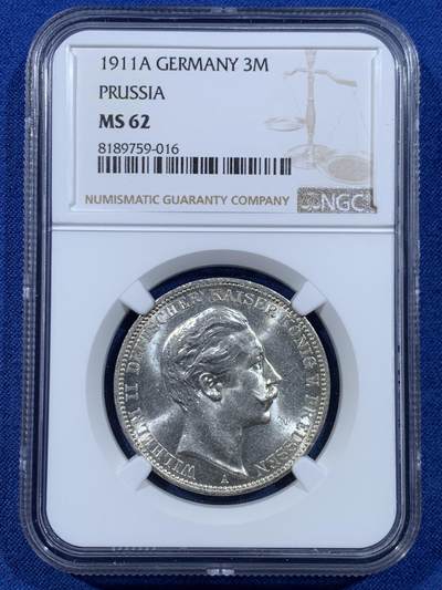 《竞宝斋》第449场 周日，周一，周二  3场连拍 （全场包邮，欢迎送拍） - NGC MS62 德国1911年普鲁士国王威廉二世3马克银币