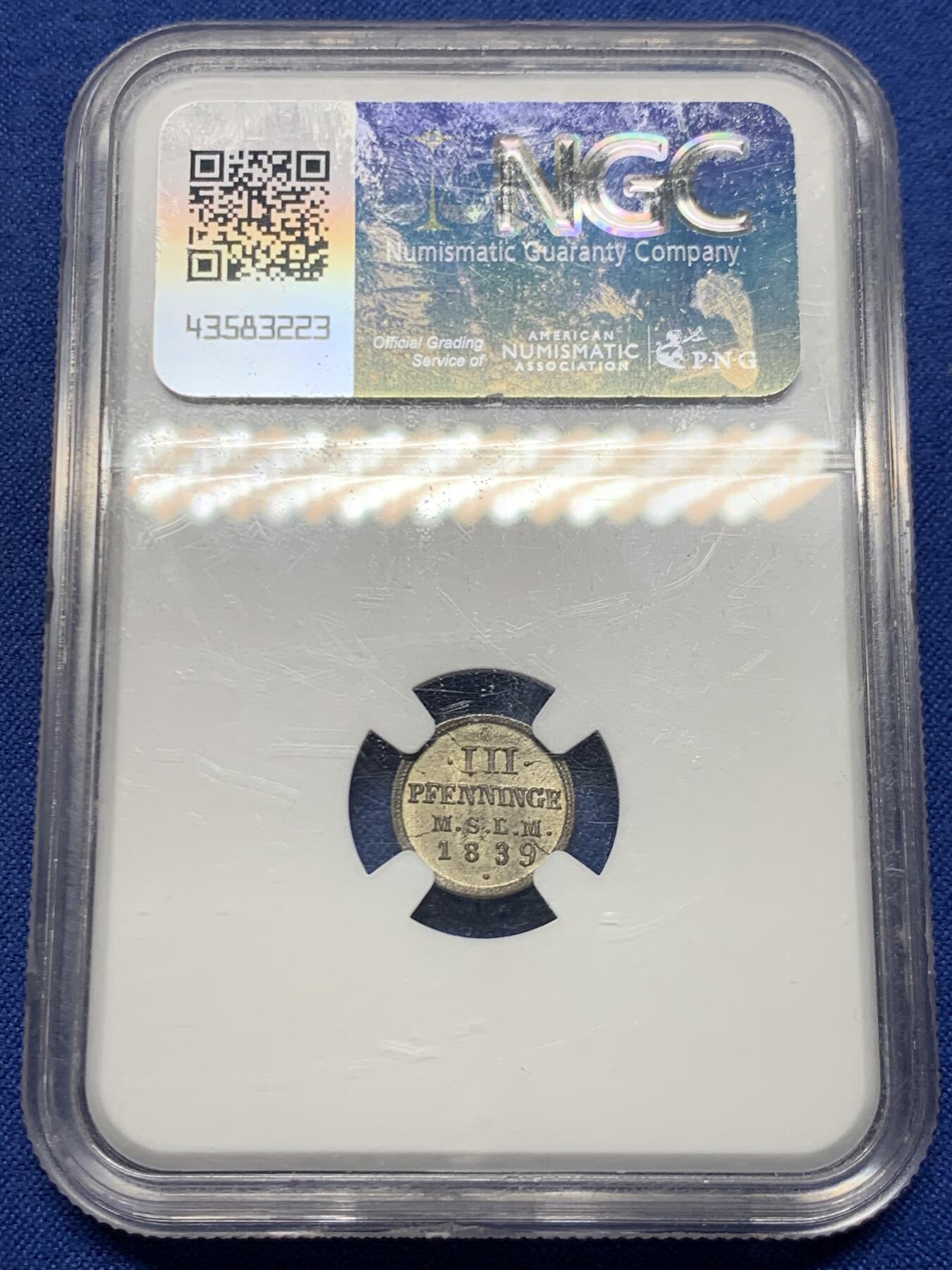 《竞宝斋》第449场 周日，周一，周二  3场连拍 （全场包邮，欢迎送拍） NGC MS65 德国1839年3芬尼银币，高分不易