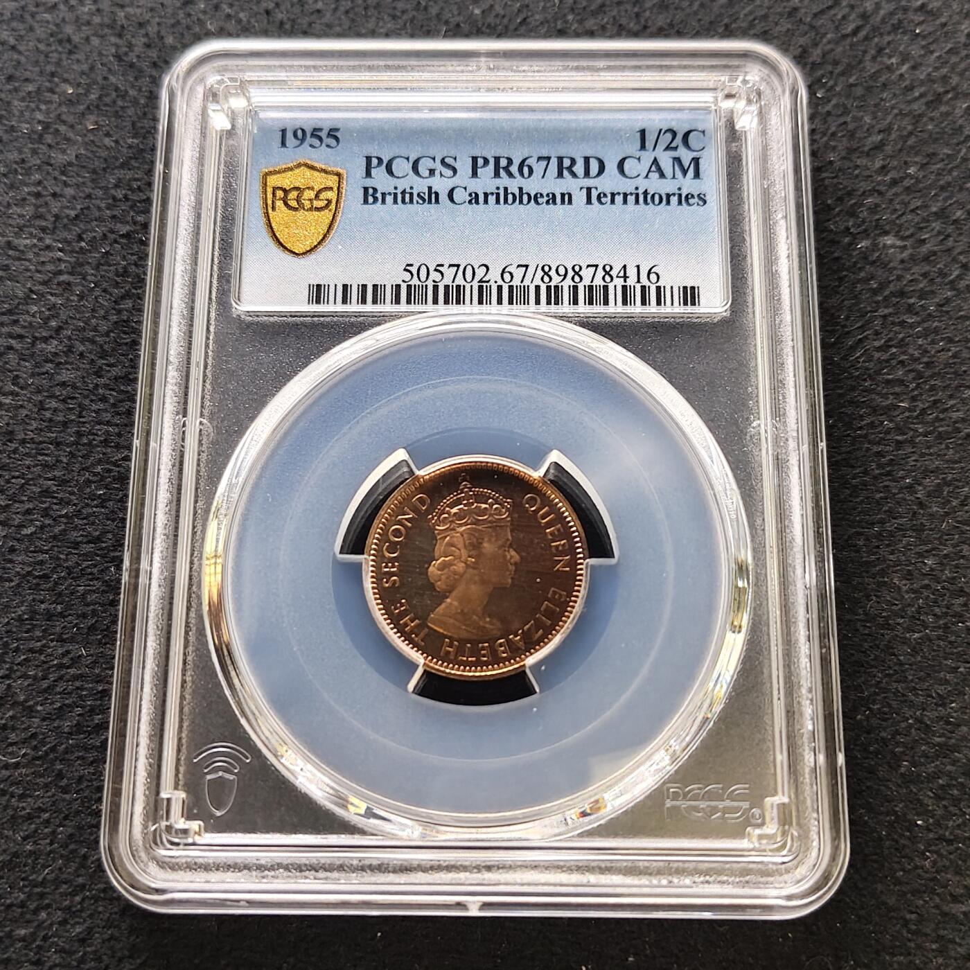 【全场包邮】纯粹捡漏拍489场（免费代拍第26场） 【收藏级·冠军分·稀少】英属加勒比领土1955年1/2分精制币-量2000-PCGS PR67 RD CAM